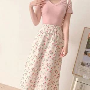 [하프클럽/]밴딩 여성 A라인 치마 꽃무늬 쉬폰 플레어 롱스커트