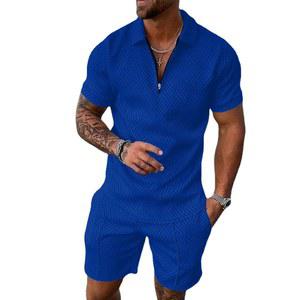 아울레멘 남성용 2피스 지퍼 운동복 반팔 프린트 폴로 셔츠와 반바지 세트 여름 의상