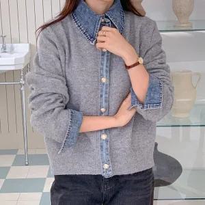 여자 배색 청남방 레이어드 카라넥 니트 가디건