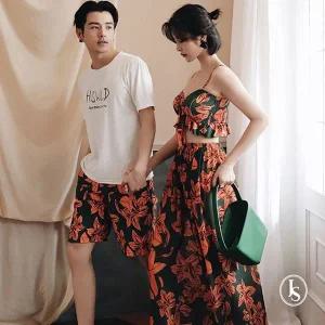 [콩심팥심](당일출고/44~66반) 그린 플라워 커플 남성 수영복 피서룩 패턴