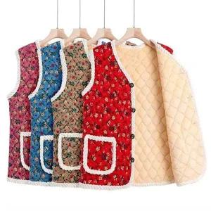 여성 방한 퀼팅 조끼 꽃무늬 레트로 털조끼