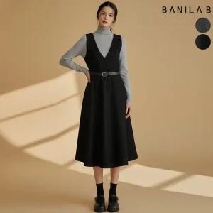 [바닐라비] 여성 벨티드 브이넥 민소매 플레어 원피스