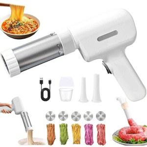 전기 스트링 호퍼 기계, 교체 가능한 몰드가 있는 휴대용 5-in-1 무선 파스타 프레스, 스파게티용 핸드헬드 누들 메이커, 링귀네, 이디야팜 & 소시지 만들기 (흰색)