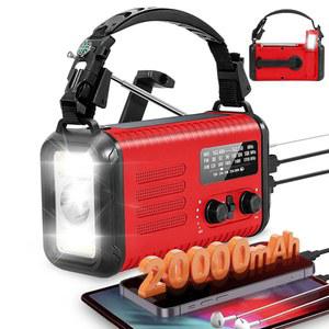 20000mAh/74000mWh 긴급 핸드 크랭크 라디오, AM Fm NOAA가 있는 NOAA 날씨 손전등 휴대폰 충전기가 태양광 배터리 작동 SOS 알람, 나침반 및 독서등(빨간색)