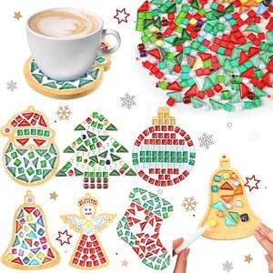 진영 6세트 공예용 크리스마스 DIY 모자이크 타일 혼합 색상 유리 키트 코스터 수제 홀리데이 장식 선물로 나만의 스테인드글라스 만들기