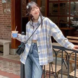 여성 라이트 체크 포켓 데일리룩 셔츠 오버핏셔츠 러블리 봄셔츠 오버핏