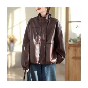 EAMT 여성 PU가죽 코트 가을 겨울 빈티지 하이넥 빅사이즈 YJ4