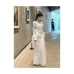 여성 데일룩 원피스 레이스 슬림핏 브이넥 나팔 가을겨울 롱스커트 DAOL4