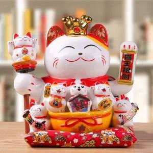 마네키네코 고양이 인형 95인치 세라믹 손짓 Maneki Neko 풍수 행운 흔들며 팔 배터리 구동