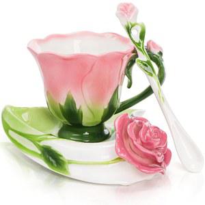 시디두 핑크 티컵과 접시 여성용 4 5 소형 세라믹 로즈 플라워 티컵 세트 수제 빈티지 커피 라떼 머그잔 의 날 생일 선물 파티용 도자기 티웨어