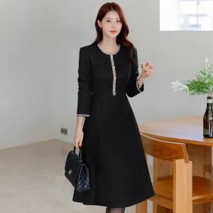 [시크라인] (~XXL까지) 도린브 배색 트위드 플레어 원피스 겨울 하객룩 오피스룩 모임룩 격식룩 연말룩 빅사이즈