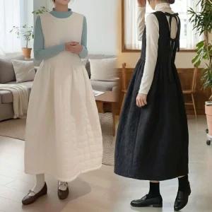 누빔 패딩 레이어드 롱 원피스 퀼팅 리본 겨울 방한 임부복 나시원피스 Do166