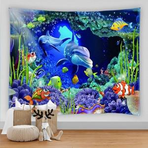 3D 디지털 프린팅 태피스트리, 사이키델릭 수중 세계 바다 물고기 돌고래 벽걸이, 해양 동물 홈 데코 천