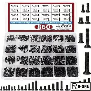 860개 소형 컴퓨터 나사 모음 키트, 검정색 작은 안경 M1.2 M2 M2.5 M3, PC 및 노트북 SSD 하드 드라이브 C