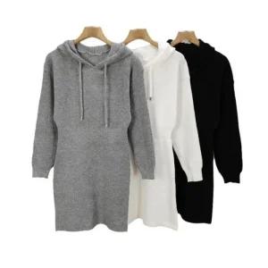 니트 골지 3color 후드 원피스 라인