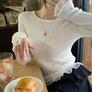 UJS-030 니트탑 러블리 배색 레이스 슬림