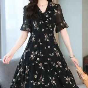 여성 여름 원피스 파티룩 연말룩 브이넥 러블리 엠로트 반팔 꽃무늬 데일리 플라워 A