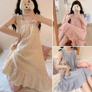 여성 귀여운 체리 패턴 민소매 홈 URK308 긴팔 언더 바지 이지 남성 슬립 실내복 원피스 산 홈 세트 원피스