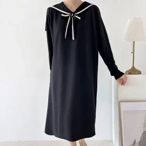 [하프클럽/]여자 리본 배색 세일러카라 빅사이즈 기모 롱원피스