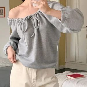 [하프클럽/]여자 기모오프숄더 리본 나그랑 퍼프 오버핏 맨투맨