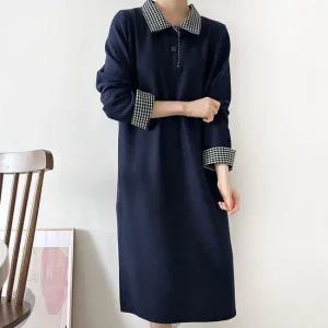 여자 배색 체크 카라넥 버튼 박시핏 네이비 롱원피스
