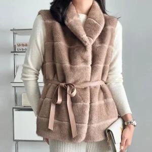 여자 연말룩 파티룩 리본 허리끈 인조밍크 조끼