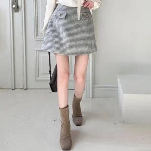 [신세계라이브쇼핑][옷자락] 여성 골드 버튼 포켓 포인트 체크 패턴 미니 스커트