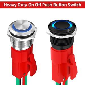 2PCS 12V 래칭 푸시 버튼 스위치 20A 헤비 듀티 DC 볼트 호환 방수 라운드 16MM 금속 파란색 LED On Off 자