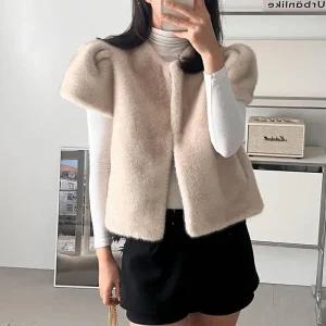 여자 러블리 셔링 캡소매 소프트퍼 겨울 조끼