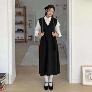 여성 가을 겨울 클래식 시크 브이넥 롱 원피스