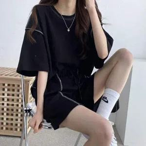 [콩심팥심]여성 데일리 여름 반팔 세트 루즈핏 스티치 트레이닝