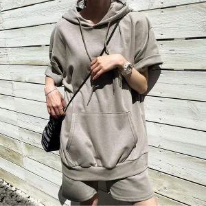 [콩심팥심]여자 여름 데일리 편한 후드 반팔 반바지 세트