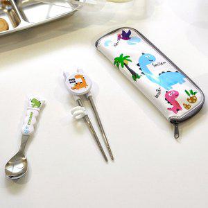 [키친유]쿨디노 아기 유아 수저 연습용젓가락 수저집 세트 공룡 캐릭터 어린이 수저세트 어린이집 준비물