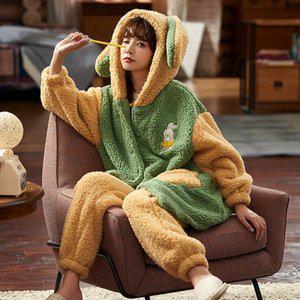 [제이큐]빅카라 여성 양털 극세사 겨울 잠옷 세트 초록색