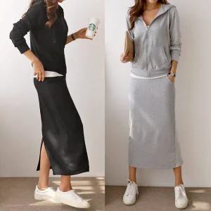 [유야]여성 면 쭈리 스판 후드집업 롱스커트 세트 -FSST0030- 봄 가을
