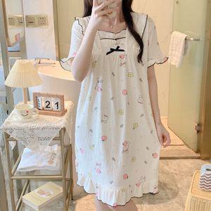 스타일아유 여름 여성 잠옷 반팔 원피스 셔링 귀여운 프린트 리본 파자마 홈웨어 OP1777