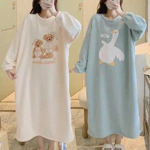 [코지몽]러블리 오버핏 따뜻한 겨울 긴팔 극세사 홈웨어 원피스 수면 잠옷