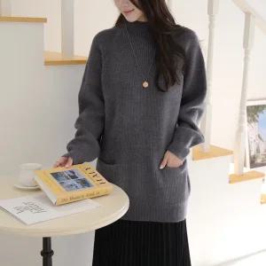 [데일리앤] 클라렌 여성 겨울 반목 반폴라 포켓 부드러운 루즈핏 롱 니트