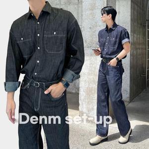 남자데님셋업 청청패션 오버핏 청남방 생지 데님 팬츠