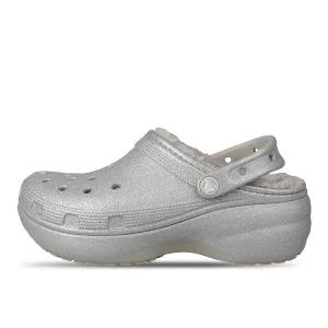 [크록스]클래식 플랫폼 글리터 라인드 실버 여성 겨울 방한 털슬리퍼 210413-040