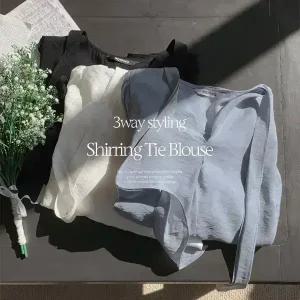 핫핑 [하객룩추천] 리퓨아 브이넥 셔링 퍼프 타이블라우스