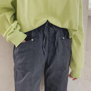 |CHP8730|배기청바지 허리끈 세미슬림 여성 9부팬츠 밴딩 그레이진