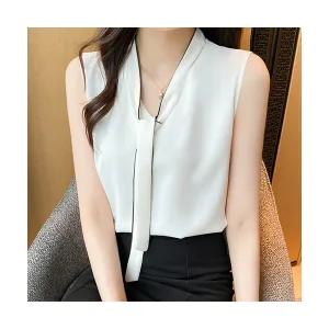 배색 라인 타이 민소매 블라우스