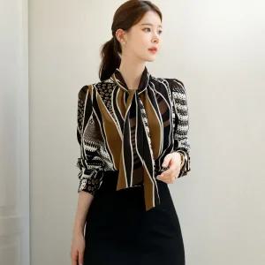 [시크라인] (~XXL까지) 첼리아 타이넥 퍼프소매 패턴 블라우스 가을 하객룩 오피스룩 모임룩 격식룩 빅사이즈