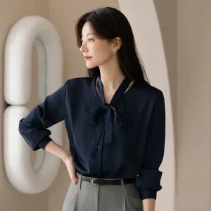 [시크라인] (~XXL까지) 비네로 브이넥 타이 새틴 블라우스 가을 데일리룩 하객룩 오피스룩 모임룩 격식룩 빅사이즈