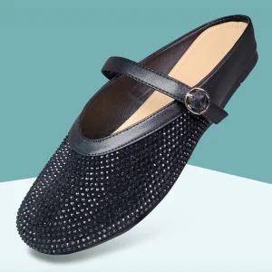 마마슈 와디 여성 뮬 슬리퍼 플랫 메리제인 가죽 스웨이드 큐빅 버클 밴드 발볼넓은 둥근코 쿠션 논슬립