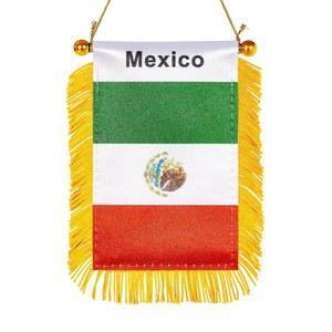 WXTWK 3 X 5 인치 멕시코 국기 창문 걸이 깃발 작은 미니 자동차 배너 석션 컵 골든 프린지 배너가 있는 백미러 장식