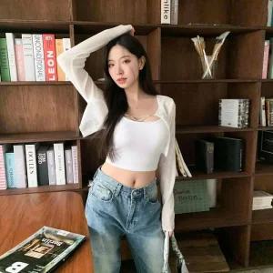 여자 여리핏 진주체인 시스루 볼레로 숏 가디건_3