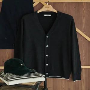 헤지스 남성 25FW [시즌오프][파인 울] 차콜 솔리드 배색 브이넥 가디건 HZSW5D202CG