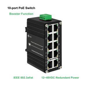 미니 산업용 10포트 PoE 스위치, 부스터 기능,IEEE 802.3af/at 30W, Din 레일 마운트, 12~48V DC 중복 전원